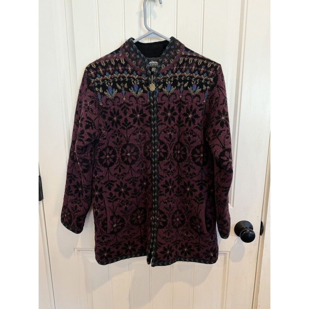 Icelandic Design Womens S Wool Blend Floral Zip Cardigan Jacket Purple Black